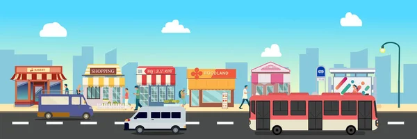 City street and store buildings with bus , minibus with people on street illustration, a flat style design.People walk with Business storefront and public bus stop in urban