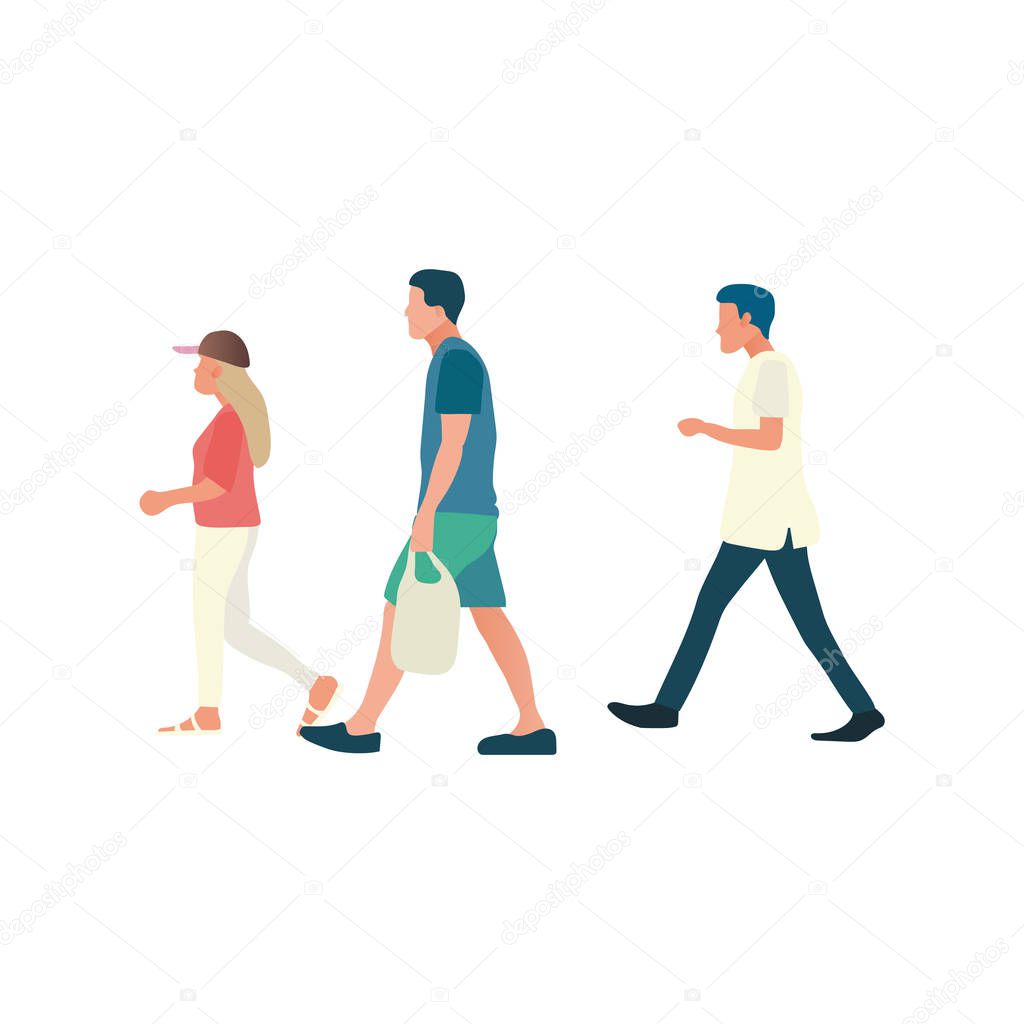 Person walking relax with isolated white background.Flat design people walk.Male and female cartoon walking