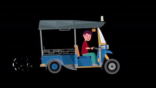 ドライバアニメーションアルファチャンネルと漫画トゥクトゥク トゥクトゥクドライバと面白い漫画アニメーションタイ タイの輸送標識ビデオ — ストック動画