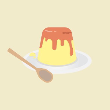 Pudding on plate vector.Delicious food on dish.Fresh dessert with spoon clipart