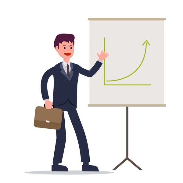 Homme Affaires Présent Avec Graphique Board Cartoon Business Manager Concept — Image vectorielle