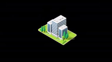 Bahçe animasyonlu biyometrik modern bina alfa kanal ile açılır. Modern bina hareket infografik büyüyen.