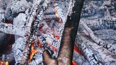 Şenlik ateşi ateşle ısınır. Ateşten kül. Dallar yanıyor. 