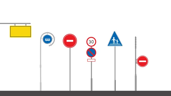 交通标志与极隔离的白色背景 道路符号设置矢量 平面交通集 — 图库矢量图片