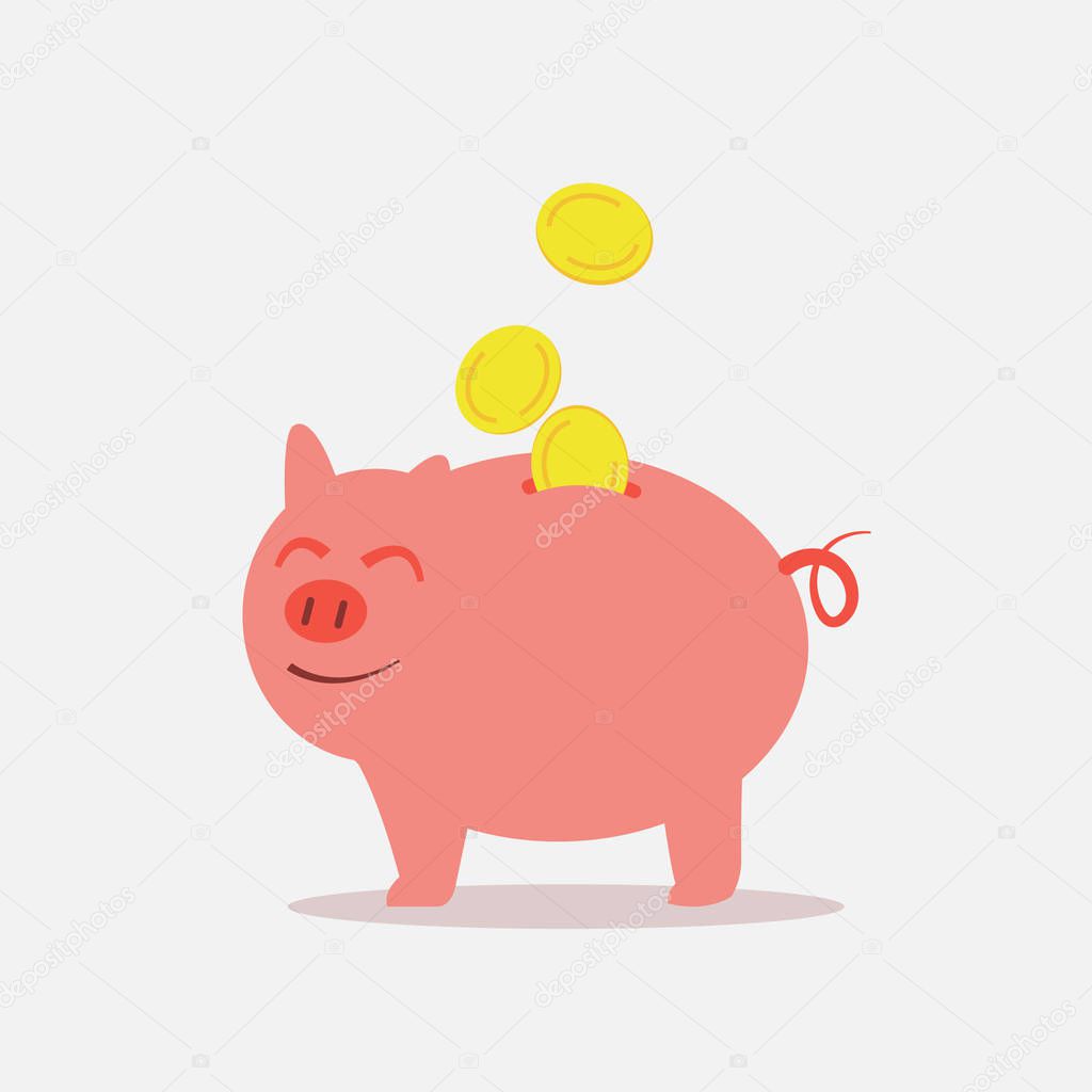 Piggy bank save money feeling happy.Happy pig save coins.
