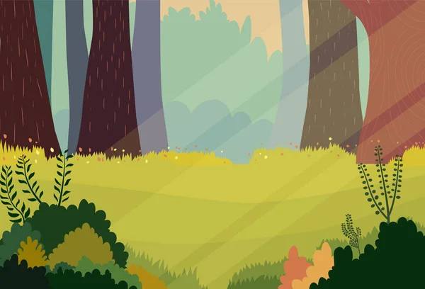 風景自然漫画の背景 ベクトル図 午前中に草や花と森のシーン 緑の木と自然景観 — ストックベクタ