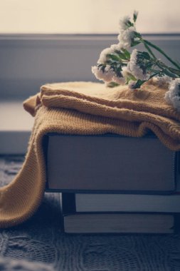 Natürmort ev iç ayrıntıları. Kazak, Kupası, yün, rahat, kitap, mum. Moody. Rahat sonbahar kış konsepti. Kopya alanı