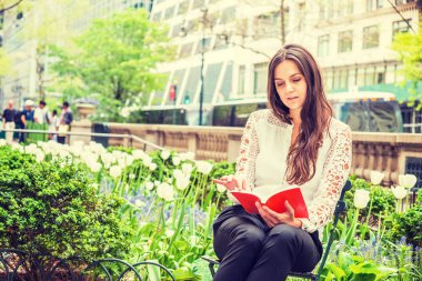 Okumayı seviyorum. Genç Doğu Avrupa kadın uzun saçlı, beyaz giyen, dantel çiçek sokak Park Middletown, Manhattan, New York, başına oturmuş kitap okumak kırmızı uzun kollu gömlek kesmek.