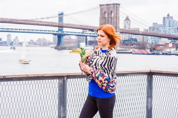 Young American Woman missing you, thinking about you, holding white rose, wrapping around body with patterned scarf in cold weather, looking, thinking. Manhattan, Brooklyn bridges on background.