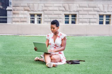 African American College New York'ta kısa afro saçlı öğrenci uzun elbise Peep yüksek topuklar, kampüste, okuma, yeşil çim üzerinde otururken bacak bacak dizüstü bilgisayar üzerinde çalışan
