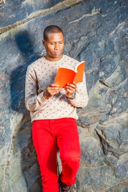 Adam okuma dışında. Krema, desenli, yakasız kazak, kırmızı kot, kol saati, giydiği kırmızı kitap giyinme, Genç bir siyah adam kayalar karşı yaslanmış, aşağı bakıyor, okuma.