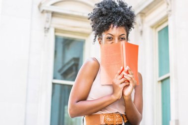 Kitap okuma sevgi dolu. Afro saç modeli, New York içinde pencere eşiği ile ofis dışında oturan genç Afrikalı-Amerikalı kadın üniversite öğrencisi kırmızı kitap, yüz, gülen, zevk kapsayan holding