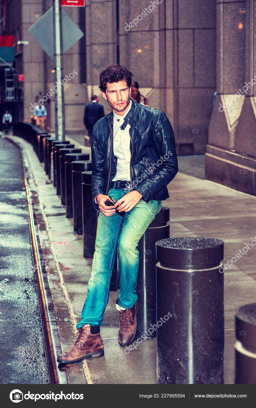 blue blazer jeans and brown shoes