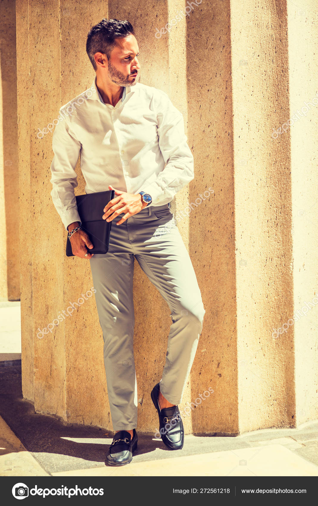 yellow shirt gray pants