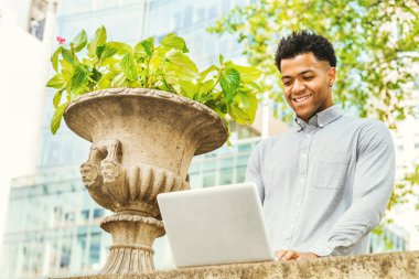 New York'ta okuyan genç Amerikan Koleji Öğrencisi, açık gri uzun kollu gömlek giyiyor, kampüste yeşil bitkilerle saksıda duruyor, duvarın üstündeki dizüstü bilgisayarda çalışıyor, gülümsüyor