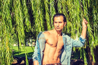 Genç Doğu Hint Amerikalı Adam mavi Denim ceket giyen, açıldı, yarı çıplak güçlü vücut gösteren, New York'ta söğüt ağacının uzun yaprakları altında duran, ciddi, uzağa bakarak, düşünme