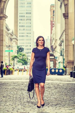 Young 40 years old Native American Businesswoman traveling, working in New York City, wearing blue short sleeve dress, black leather shoes, carrying hand bag, walking on vintage street, going to work clipart