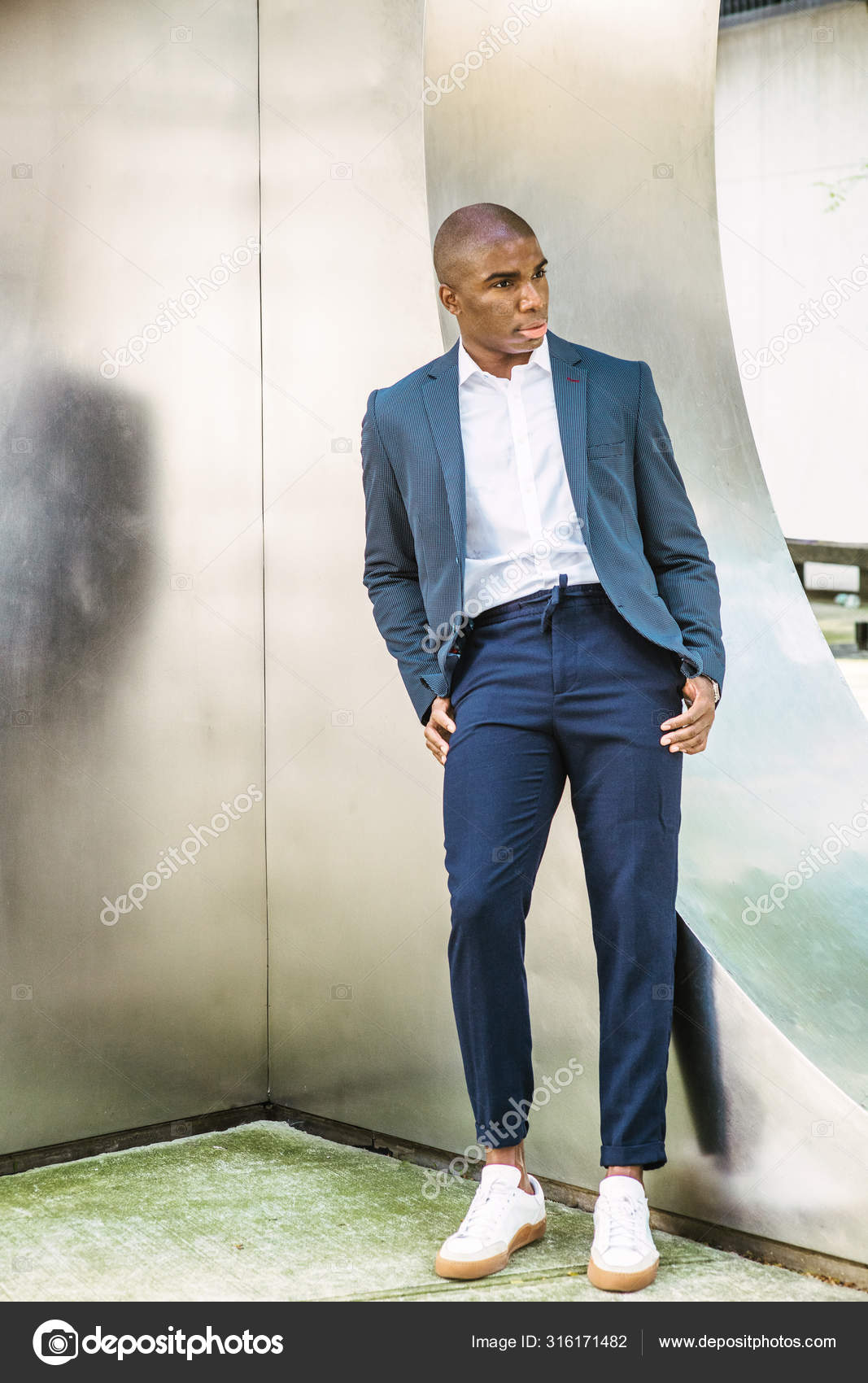 blue blazer black shoes