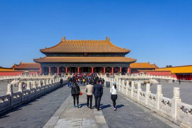 Beijing, Çin - 11 Mart 2016: yasak şehir. İnsanlar yasak şehir ziyaret, sonuna Qing Hanedanı Çin İmparatorluk Sarayı Ming Hanedanı üzerinden yapıldı.