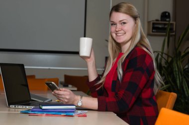 Gülümseyen çay içme ve çalışma bir laptop oturan sarışın kadın.