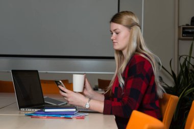 Gülümseyen çay içme ve çalışma bir laptop oturan sarışın kadın.