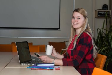 Gülümseyen çay içme ve çalışma bir laptop oturan sarışın kadın.