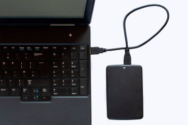 Taşınabilir bir bilgisayar ve beyaz bir arka plan üstünde a Usb götürmek.