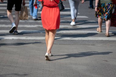 Güneşli bir günde, yayalar yaya geçidi aracılığıyla karşıdan karşıya. Sokakta yaya gölgeler vardır. Arkadan görüntülemek.
