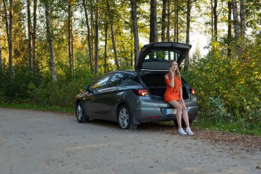 Endişeli kadın kırık araba yakınındaki telefonda konuşuyor