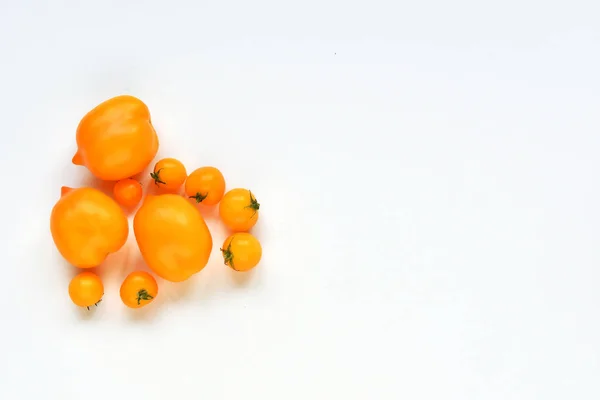 Cosecha Otoño Tomates Amarillos Grandes Pequeños Sobre Fondo Blanco —  Fotos de Stock