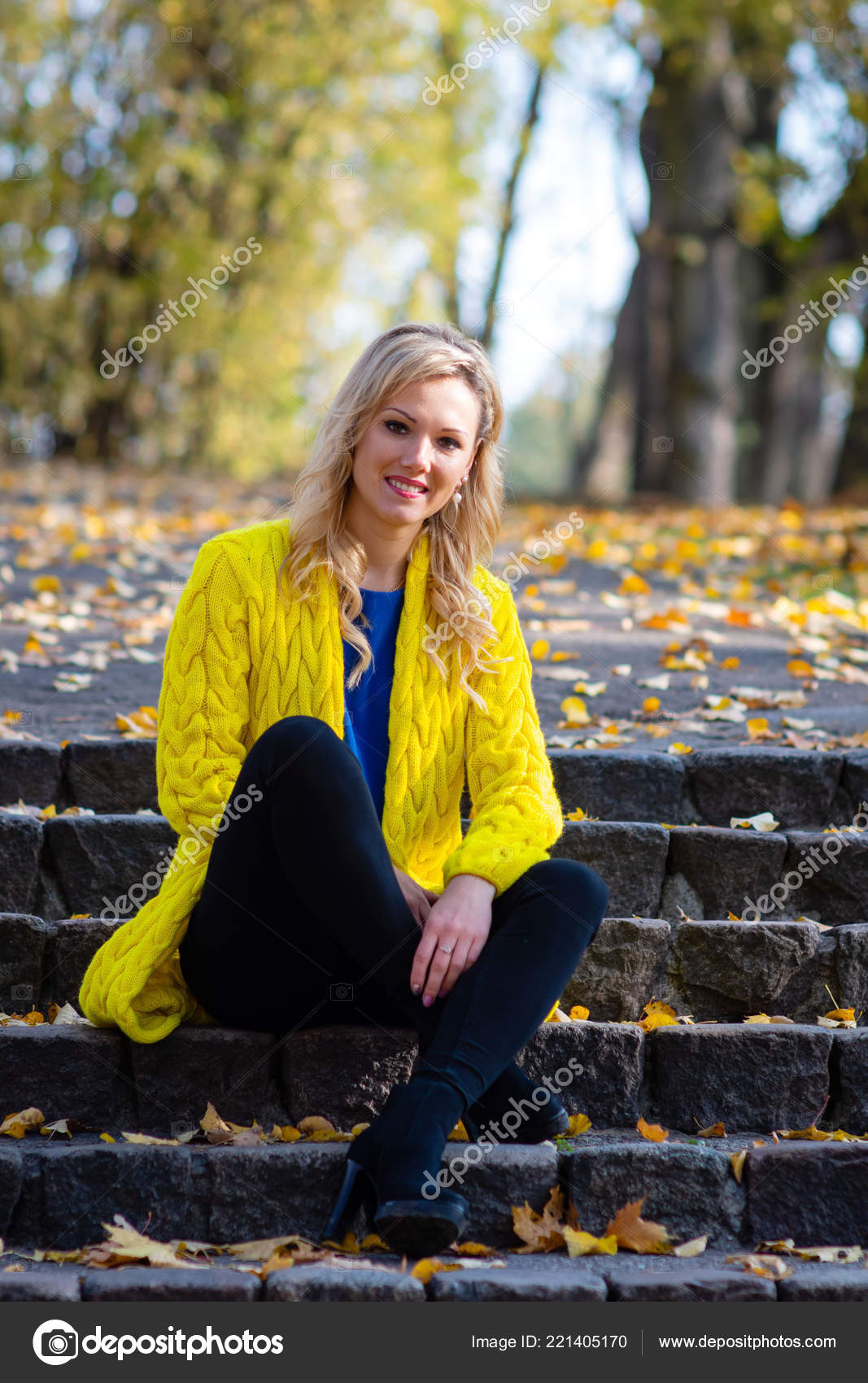 Young Beautiful Blonde Woman Sits Park Old Ladder Stock Photo Young Beautiful Blonde Woman Sits Park Old Ladder Stock Photo