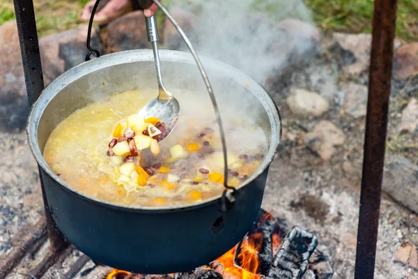 Cooking Food Pot Campfire Summer Camping Concept — Stock Photo, Image