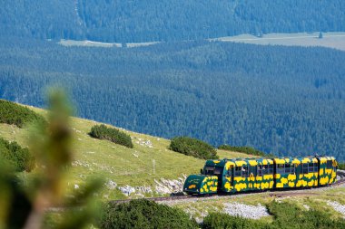 Puchberg, Avusturya, - 9 Ağustos 2018:. Raf Schneeberg dağ, tercih edilen turistik Lower Austria'deki / daki giderken Salamander adlı tren