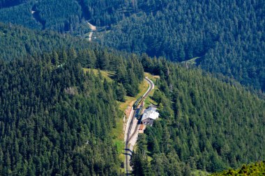 Puchberg, Avusturya, - 9 Ağustos 2018: Schneeberg dağ havadan görünümden raf tren adlı Salamander İstasyonu.