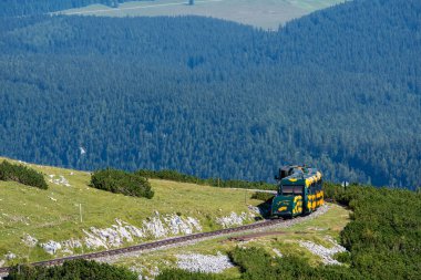 Puchberg, Avusturya, - 9 Ağustos 2018:. Raf Schneeberg dağ, tercih edilen turistik Lower Austria'deki / daki giderken Salamander adlı tren