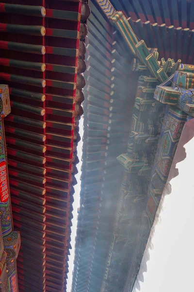 Pequim China Fragmento Cornija Telhado Templo Yonghegong Lama — Fotografia de Stock