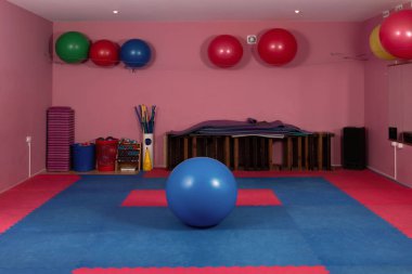 Fitness topları ve renkli döşemeler - görüntü ile spor salonu
