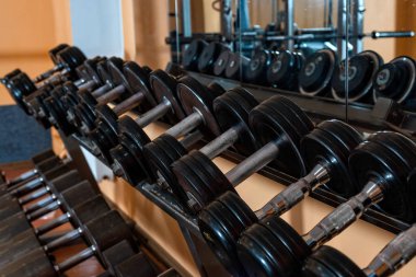 Metal halter salonunda raf üzerinde satırları / spor kulübü. Ağırlık terbiye ekipman. -Görüntü