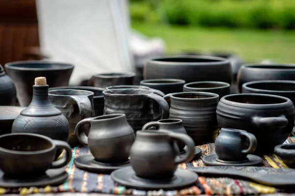 Natural Handmade Clay Pots Latvian Ceramics Art Image — Stock Photo, Image