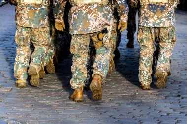 Askeri tema arka plan. Asker rütbe, bacaklar, yakın çekim. Arka görüş. -görüntü