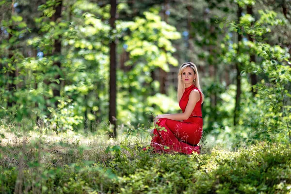 Una hermosa mujer rubia en un vestido largo rojo se sienta en un muñón en — Foto de Stock