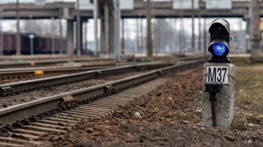 Yanan mavi ışıklı semafor. Demiryolu raylarının kesiştiği yer. - Resim