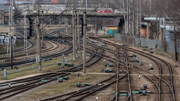 RIGA, LATVIA - MARCH 27, 2019: Multiple railway track switches , symbolic photo for decision, separation and leadership qualities. - Image — Stock Photo, Image