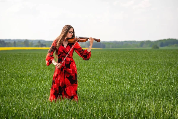 Mujer joven en vestido rojo tocando el violín en prado verde - imagen — Foto de Stock