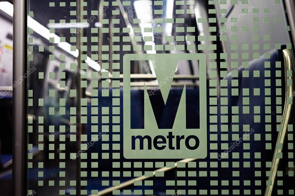 Washington DC, USA - June 9, 2019: Washington Metropolitan Area Transit Authority WMATA metro logo on new 7000 series train