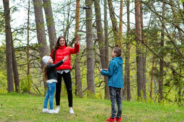 Parkta iki kız kardeş ve bir erkek kardeş sıcak bir bahar gününün tadını çıkarın ve bir dronla eğlenin, yaşam tarzı ve eğlence kavramı.