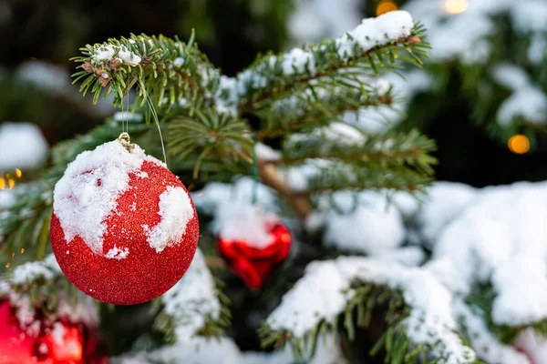 Adornos Rojos Del Corazón Ramas Árboles Navidad Cubiertas Nieve Imagen —  Fotos de Stock