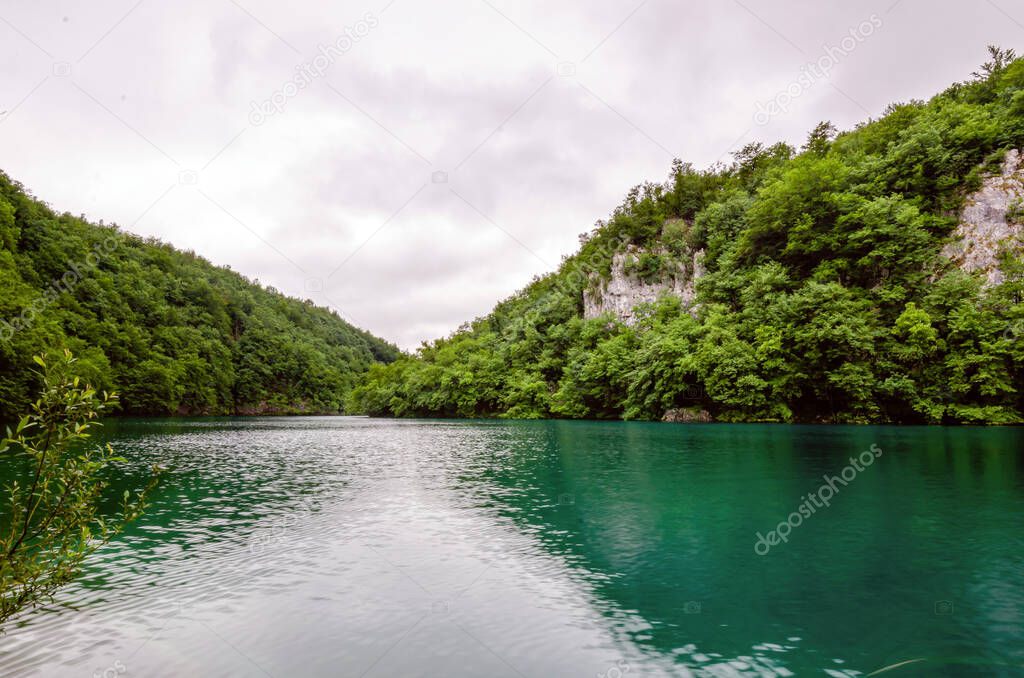 Idyllic mountain lake, Plitvice Lakes national park in Croatia