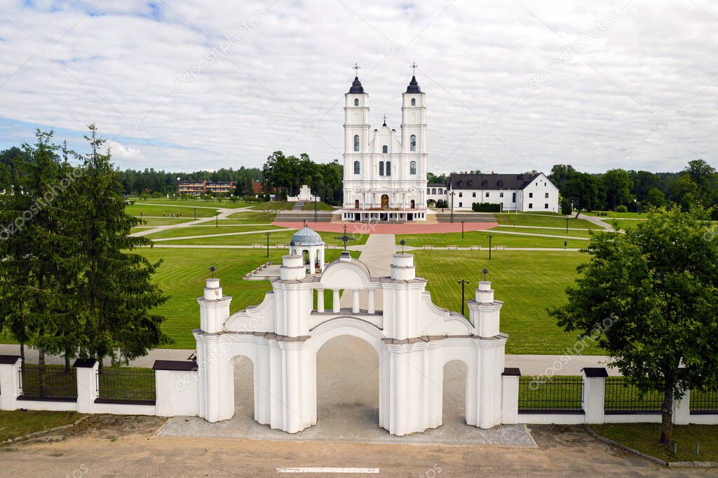 aerial view on white Chatolic Church basilica in Aglona, Latvia, Basilica from the main entrance