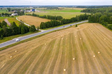 Letonya kırsalının havadan görünüşü bir otoyol, ekili tarlalar ve orman